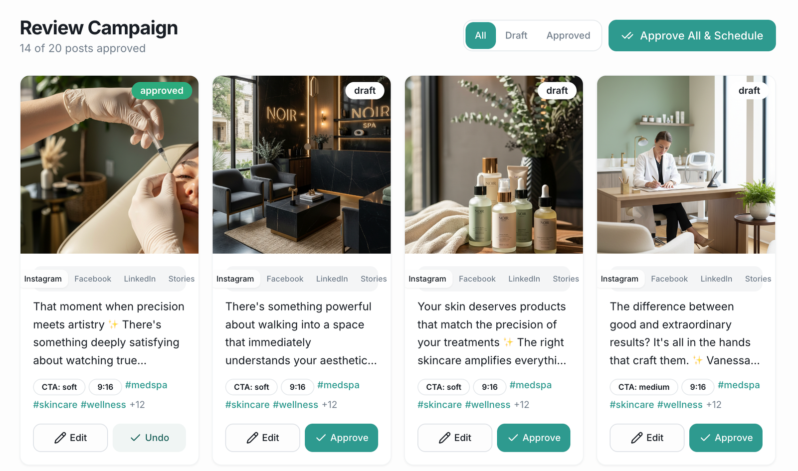 GlowPost Dashboard showing Review Campaign with approved and draft posts